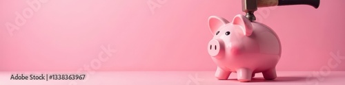 Pink background, piggy bank smashed by hammer , broke, loss
