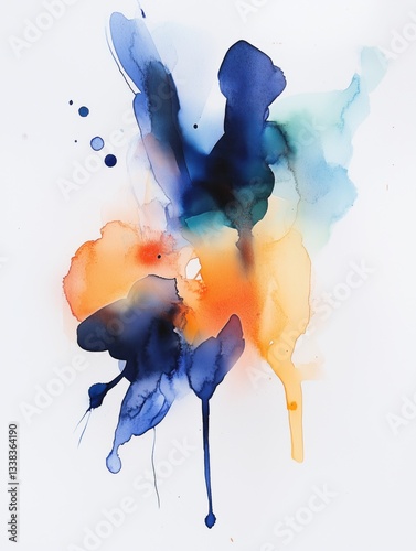 Dark blue and orange watercolor stain, realistic and abstract artistic splash with fluid movement, elegant and modern composition on white background
