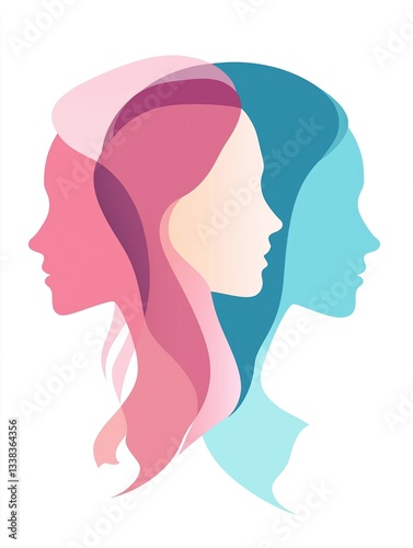 Obraz na płótnie Flat illustration logo with pastel blue and pink female faces, minimalist and elegant design symbolizing unity and femininity, perfect for branding and identity on a white background w salonie