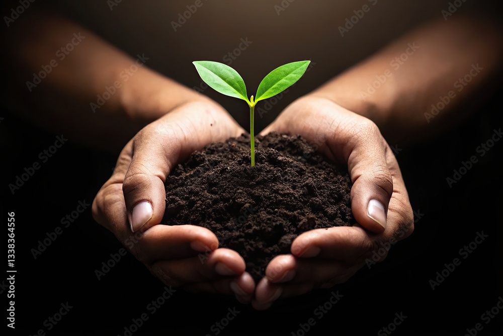 Environmental Social and Governance concept. A pair of hands cradles a small green plant sprouting from dark soil, symbolizing growth and nurturing. Environmental Social and Governance concept. A pair of hands cradles a small green plant sprouting from dark soil, symbolizing growth and nurturing.