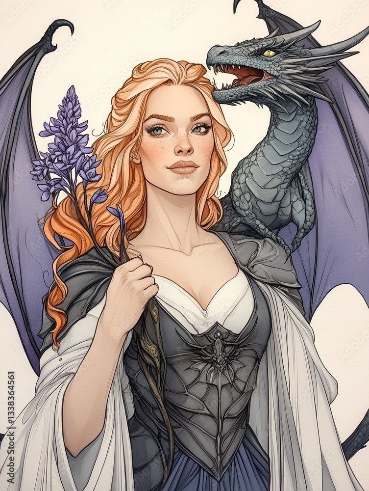 Pencil illustration of a young woman with half white and half orange gradient hair, wearing a fantasy gown, with a dragon resting on her shoulders, mystical and elegant drawing