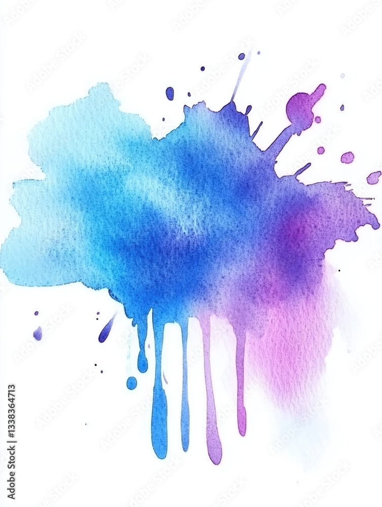 Realistic soft watercolor stain in dark blue and purple tones, gentle drips and splatter effect on white watercolor paper