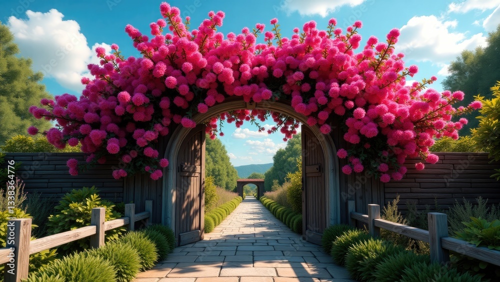 arched entrance adorned with rambler rose in full bloom arched entrance adorned with rambler rose in full bloom