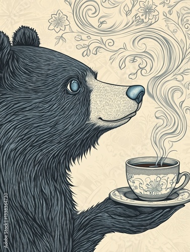 Pencil illustration of a charming cartoon bear holding a steaming coffee cup, with floral-shaped steam, soft textures and cozy feel on white background