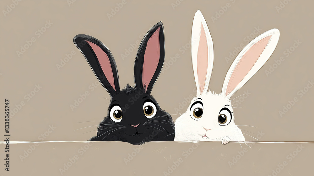 Obraz premium Two Cartoon Rabbits Peeking from Behind a Wall with Expressive Eyes