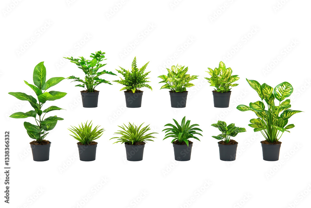 Fototapeta premium collection of various green potted plants arranged in two rows, showcasing different types of foliage. plants are in black pots, highlighting their vibrant leaves, perfect for indoor decoration
