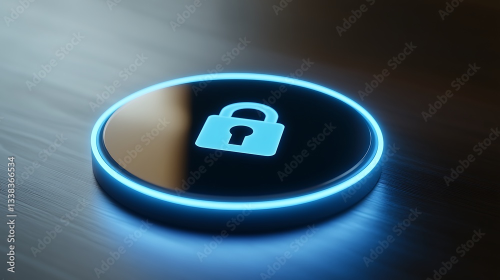 Glowing Circular Lock Icon on Dark Wood Surface with Neon Blue Illumination and Soft Shadows Glowing Circular Lock Icon on Dark Wood Surface with Neon Blue Illumination and Soft Shadows