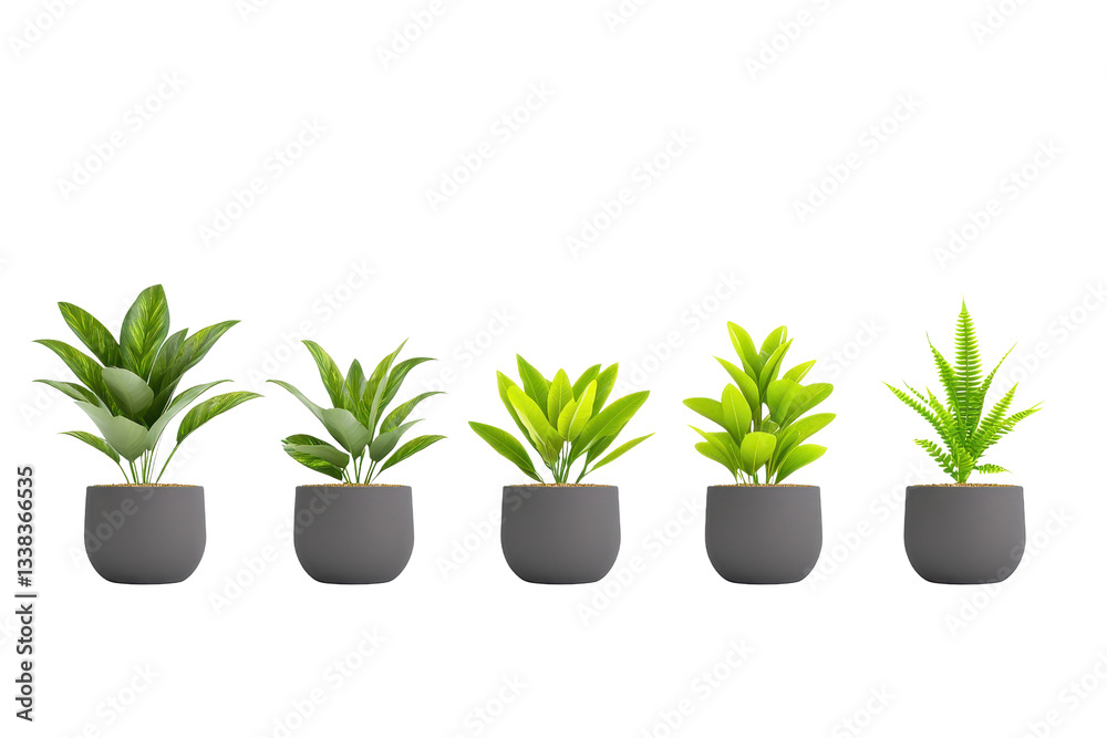 Obraz premium row of five potted plants with vibrant green leaves in gray pots, isolated on transparency background. arrangement showcases different types of foliage, creating fresh and natural aesthetic