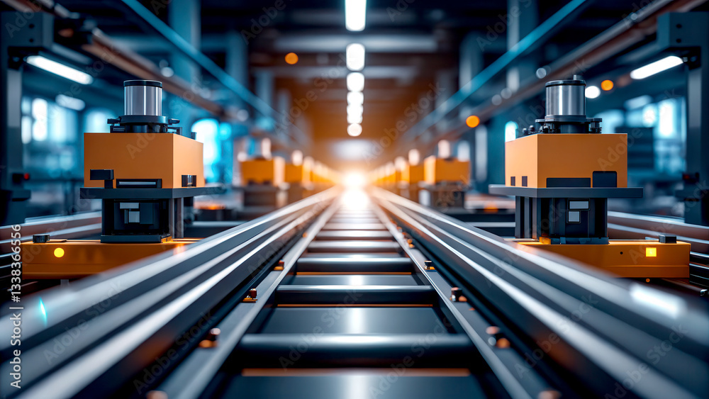 Business continuity concept. A futuristic industrial scene with automated machinery positioned along conveyor tracks, illuminated by ambient lighting, suggesting advanced manufacturing. Business continuity concept. A futuristic industrial scene with automated machinery positioned along conveyor tracks, illuminated by ambient lighting, suggesting advanced manufacturing.