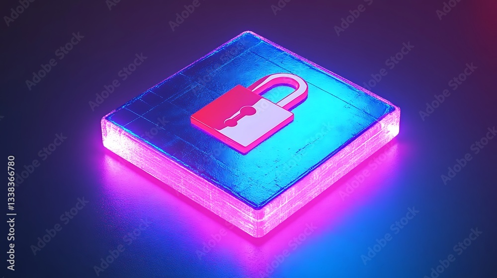 Glowing digital padlock symbol on vibrant neon background representing security and protection in technology Glowing digital padlock symbol on vibrant neon background representing security and protection in technology