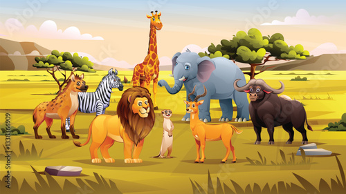A group of animals including lion, hyena, giraffe, and elephant in the savanna under a clear sky. Vector cartoon illustration