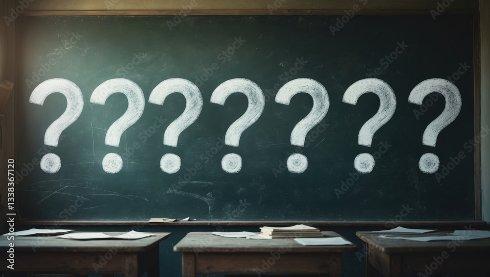 Obraz premium Five question marks sketched in white chalk on a blackboard. Represents confusion, inquiries, options, or educational concept. Background of a classroom or learning environment.