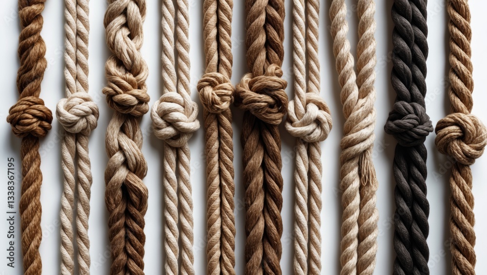 Collection of Vertical Ropes with Knots isolated on Background Collection of Vertical Ropes with Knots isolated on Background