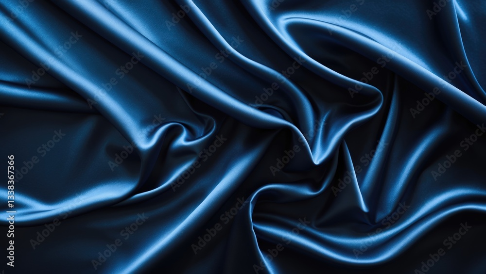 Fototapeta premium Beautiful dark blue silk satin backdrop. Gentle folds on glossy fabric. Luxurious background with space for text, design. Web banner. Flat lay, top-down view table.