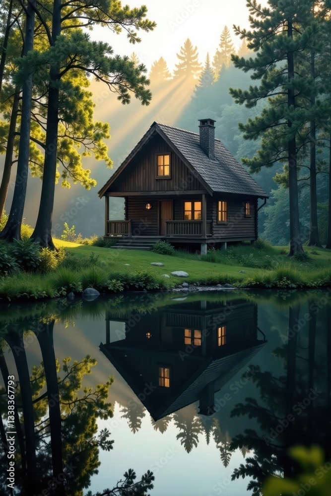 Obraz premium Secluded cabin's reflection in still pond, sunlight filtering through trees, morning light, dappled light, sunlight