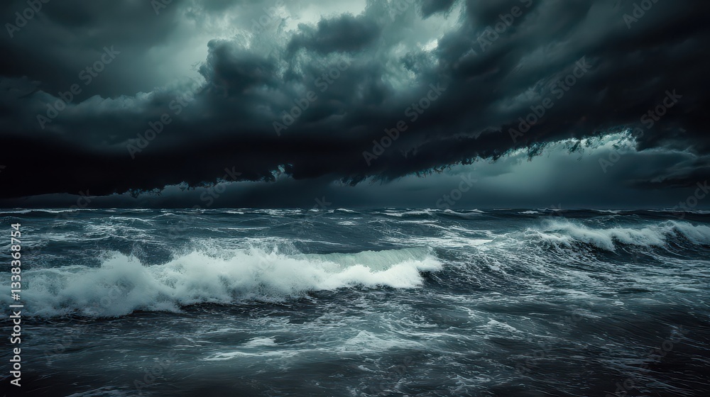 Obraz premium A storm over the sea with dark skies, fierce winds, and waves crashing against the shore, illustrating the power and intensity of weather system.