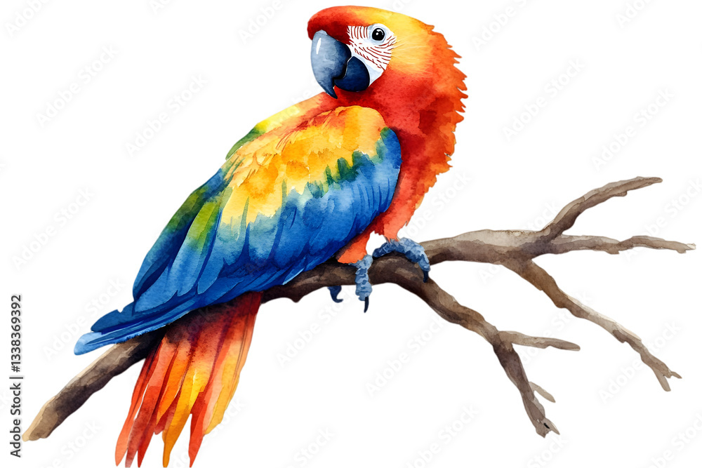 Obraz premium Watercolor Illustration of a Vibrant Scarlet Macaw Perched on a Branch with Transparent Background