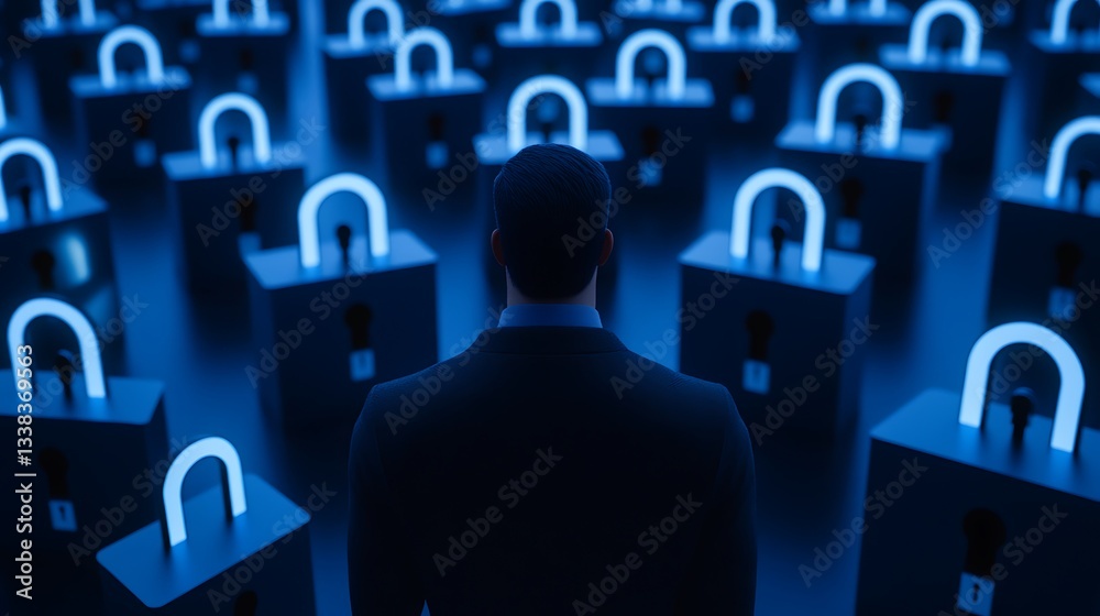 Man Standing in Front of Illuminated Locks Symbolizing Data Security and Privacy in a Digital Landscape Man Standing in Front of Illuminated Locks Symbolizing Data Security and Privacy in a Digital Landscape