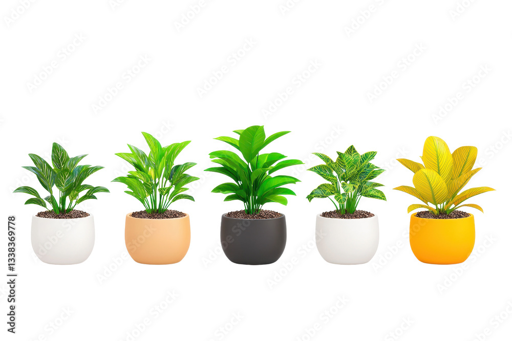 Fototapeta premium row of five vibrant potted plants in various colored pots, showcasing different shades of green and yellow leaves, arranged against transparency background
