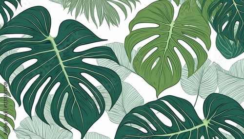 Monstera leaves on a white background, creating an elegant botanical pattern with tropical foliage. Perfect for nature-inspired designs and modern interiors