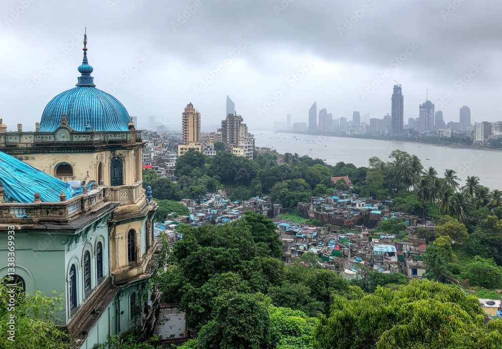 Obraz premium Overcast skies loom over Mumbai's skyline, contrasting modern skyscrapers with vibrant slums near the riverbank