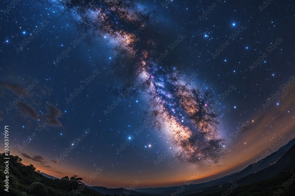 Fototapeta premium Breathtaking Panoramic View of the Glowing Milky Way Galaxy and Twinkling Stars in a Stunning Night Sky