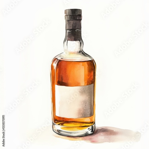 Artistic Watercolor Illustration of Whiskey Bottle with Blank Label