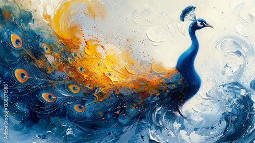 A painting of a blue and yellow peacock with its head held high
