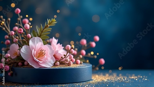 Midnight Blue Luxury Beauty Podium with Delicate Flower Arrangements