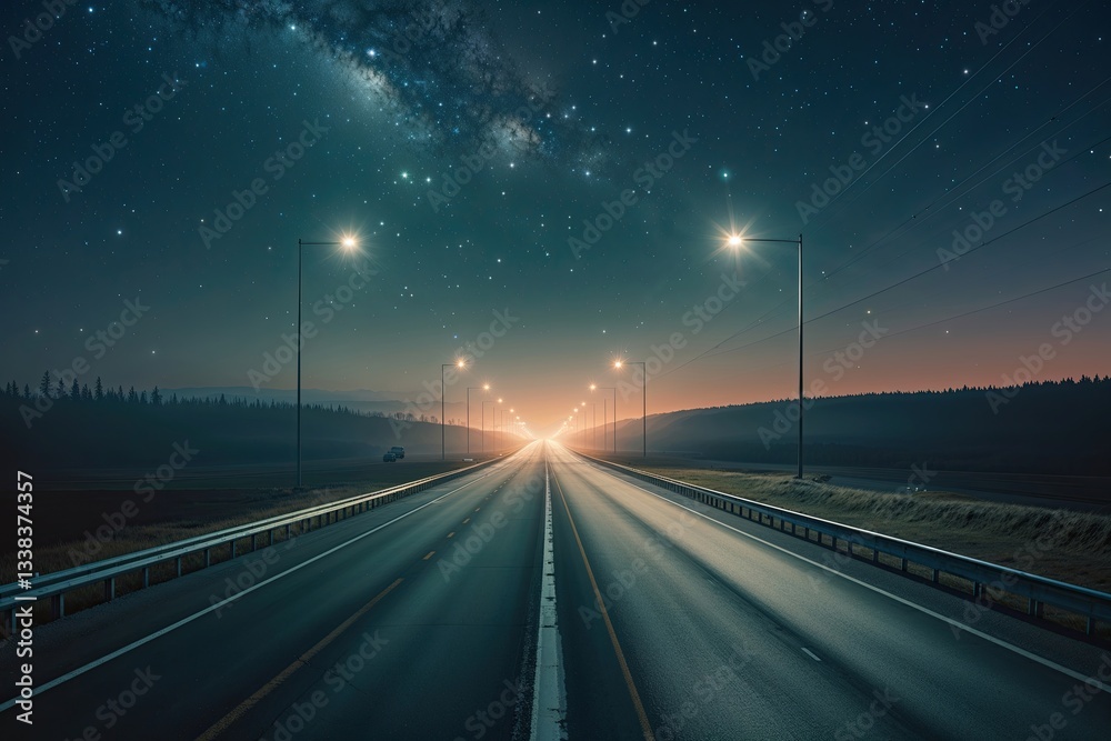 Obraz premium Mystical Atmosphere of Lonely Nighttime Highway Under Starry Sky