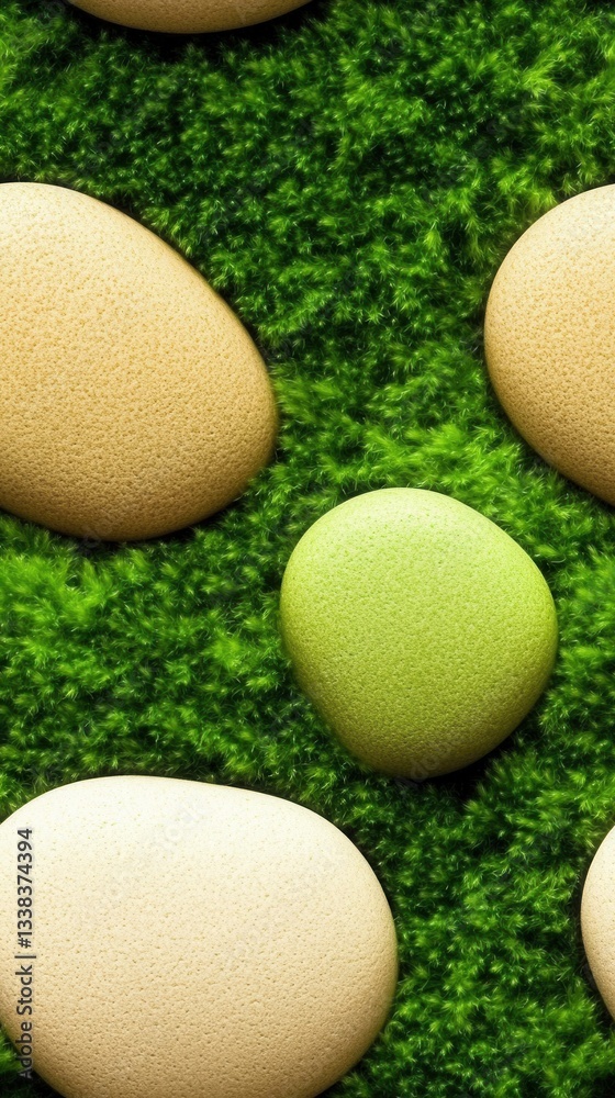 Smooth, polished pebbles of beige and light green are artfully arranged on a bed of vibrant green moss creating a serene and natural scene perfect for design projects and Smooth, polished pebbles of beige and light green are artfully arranged on a bed of vibrant green moss creating a serene and natural scene perfect for design projects and