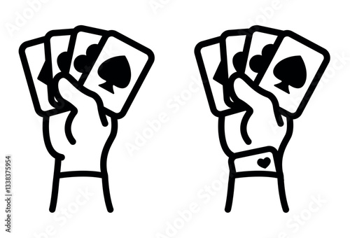 A hand holding cards linear icon. A card in a sleeve. The icon of a hustler. The icon of a magician. Fair and unfair play