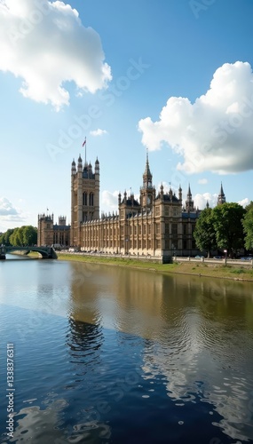 Majestic Houses of Parliament, daytime riverside view, palace, england