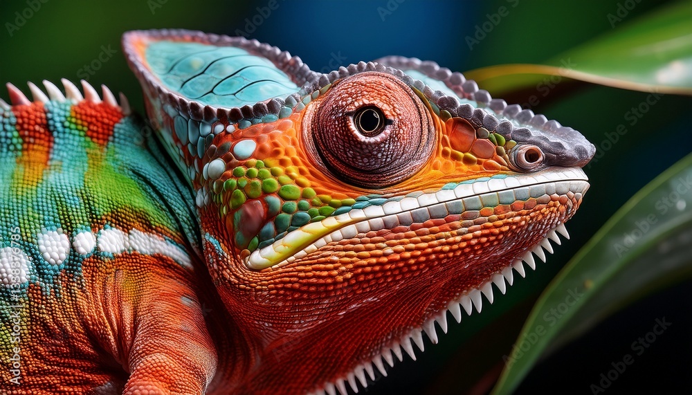 Obraz premium A close-up shot of a chameleon changing colors, showcasing the intricate details of its scales. A captivating and detailed image perfect for nature and wildlife enthusiasts
