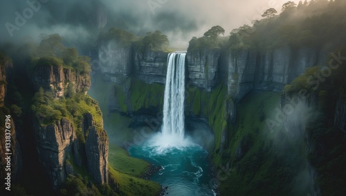 Stunning aerial footage of waterfall at river