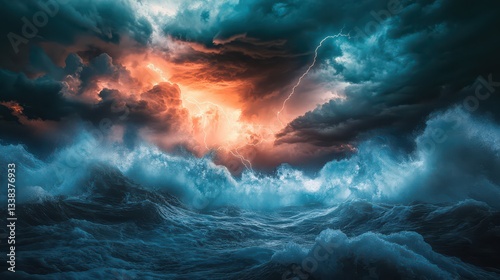 A lightning storm over the sea, with dark clouds and flashes of light illuminating the turbulent waters, creating a dramatic and electrifying scene.