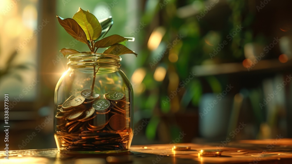 Glass Jar Filled With Coins And A Growing Plant. Financial growth and investment.