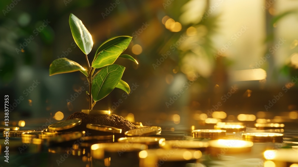 Young plant emerges from soil surrounded by golden coins