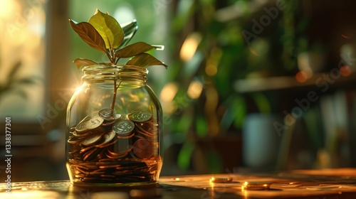 Obraz na płótnie Glass Jar Filled With Coins And A Growing Plant. Financial growth and investment. w salonie