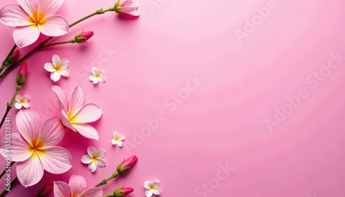 Vibrant pink setting with scattered white flowers, bloom, flowers