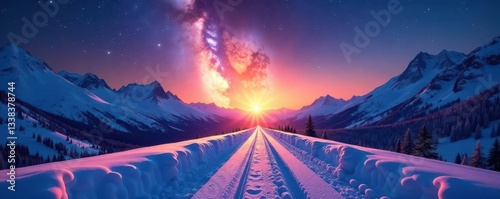 Snowy mountain road leads to breathtaking sunrise, starry Milky Way overhead , light, colorful, path