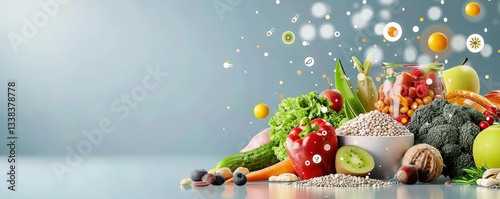 vibrant display of fresh fruits and vegetables, including peppers, kiwi, and broccoli, is enhanced by holographic 3D interface. scene conveys sense of health and innovation