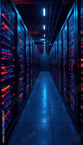 Server room lights illuminate complex data streams flowing across network , graphic, IT, computer