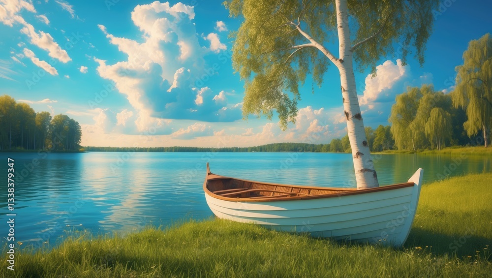The stunning scenery of a simple white wooden boat moored to a birch tree by the lake. Pleasant summer day in nature. Concept vacation at the lake. Banner. The stunning scenery of a simple white wooden boat moored to a birch tree by the lake. Pleasant summer day in nature. Concept vacation at the lake. Banner.
