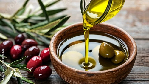 Olive oil pouring into a rustic bowl surrounded by olives and olive branches on a wooden surface
