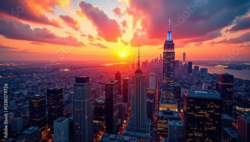 Stunning cityscape panorama, skyscrapers at sunset, photography, tower