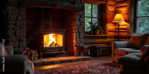 Warm firelight dances on log walls, cozy stove glows, winter, warm glow, log cabin