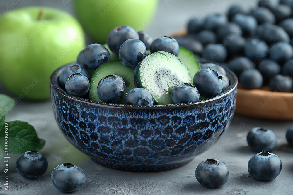 Obraz premium green apple slices with blueberries and peanut butter on a white backgroun