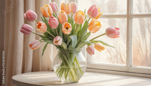 Colorful tulips in sunlight, bright and fresh, arranged in a vase on a table by the window
