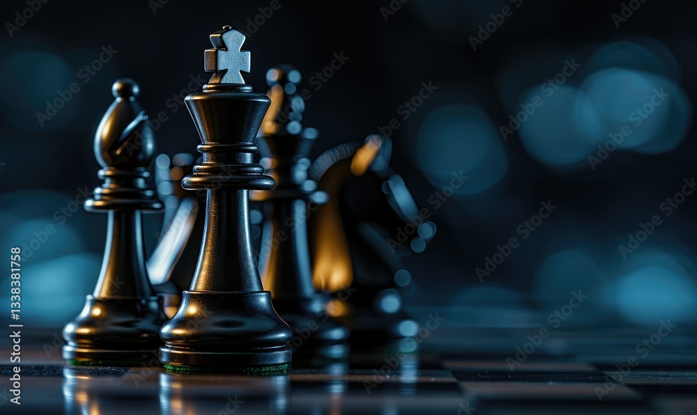 A close up shot of black chess pieces including the king, bishop, and knight on a dark board